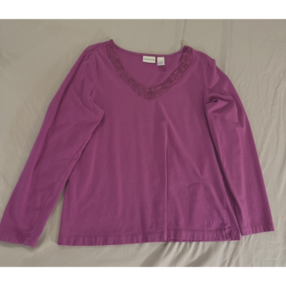 Chico Purple Long Sleeve‎ T- Shirt with Lace neckline accent Size 2